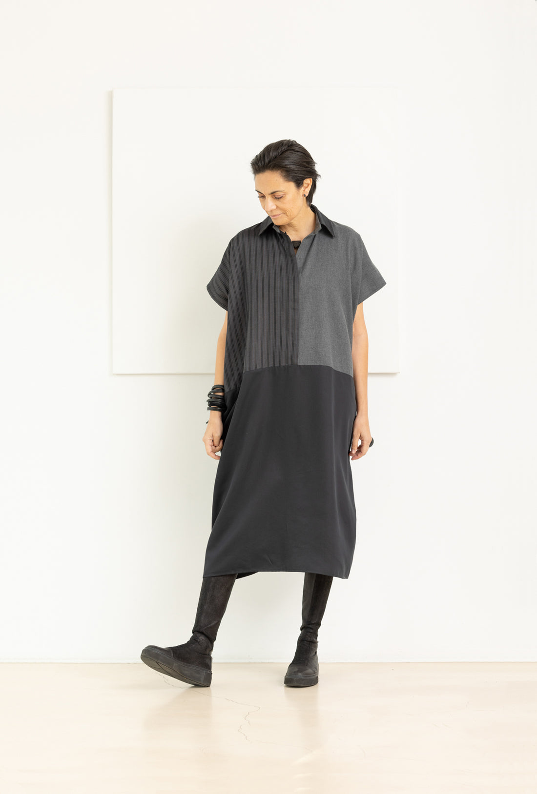 MIIYU MONDRIAN SHIRT DRESS GRAPHITE/PETROL