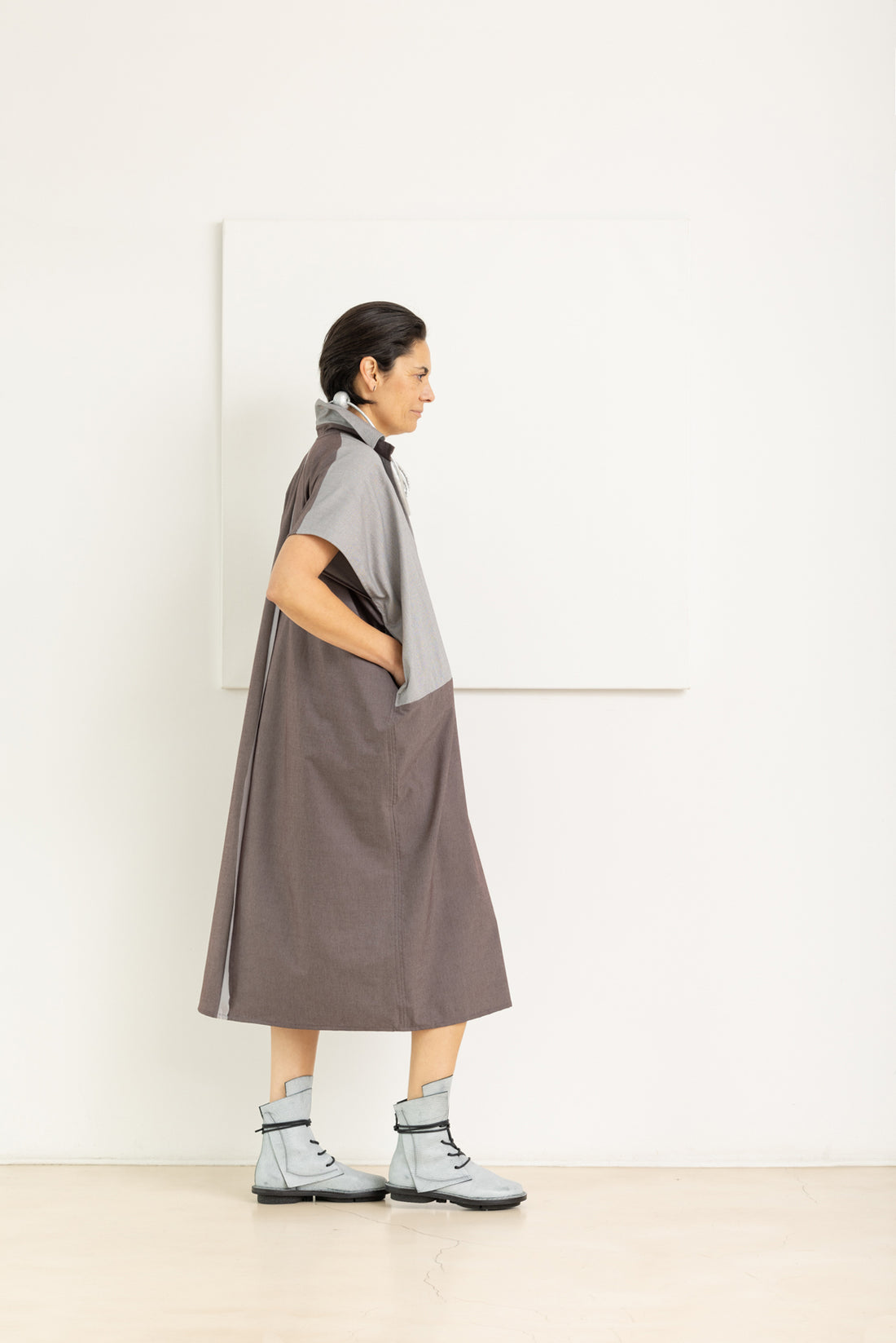 MIIYU MONDRIAN SHIRT DRESS GREY/EGGPLANT