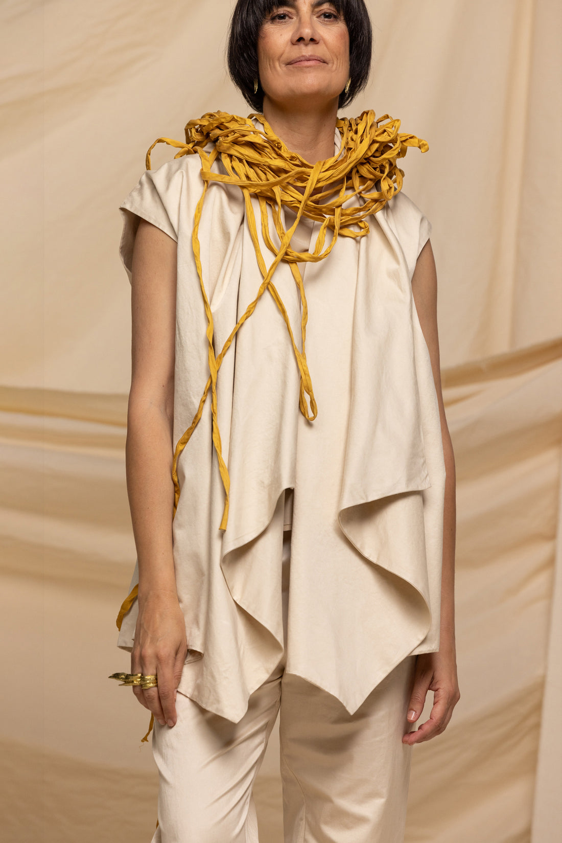 MIIYU COTTON SILK DRAPPED VEST CHAMPAGNE