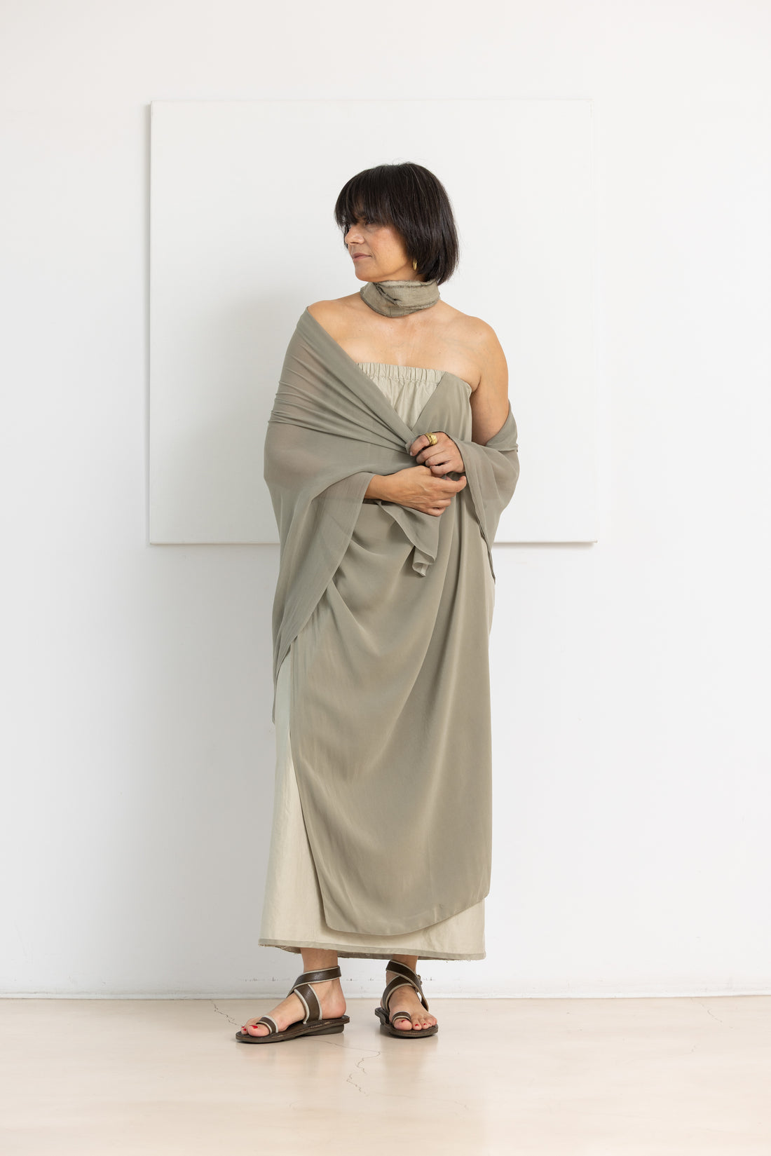 MIIYU silk georgette scarf taupe green